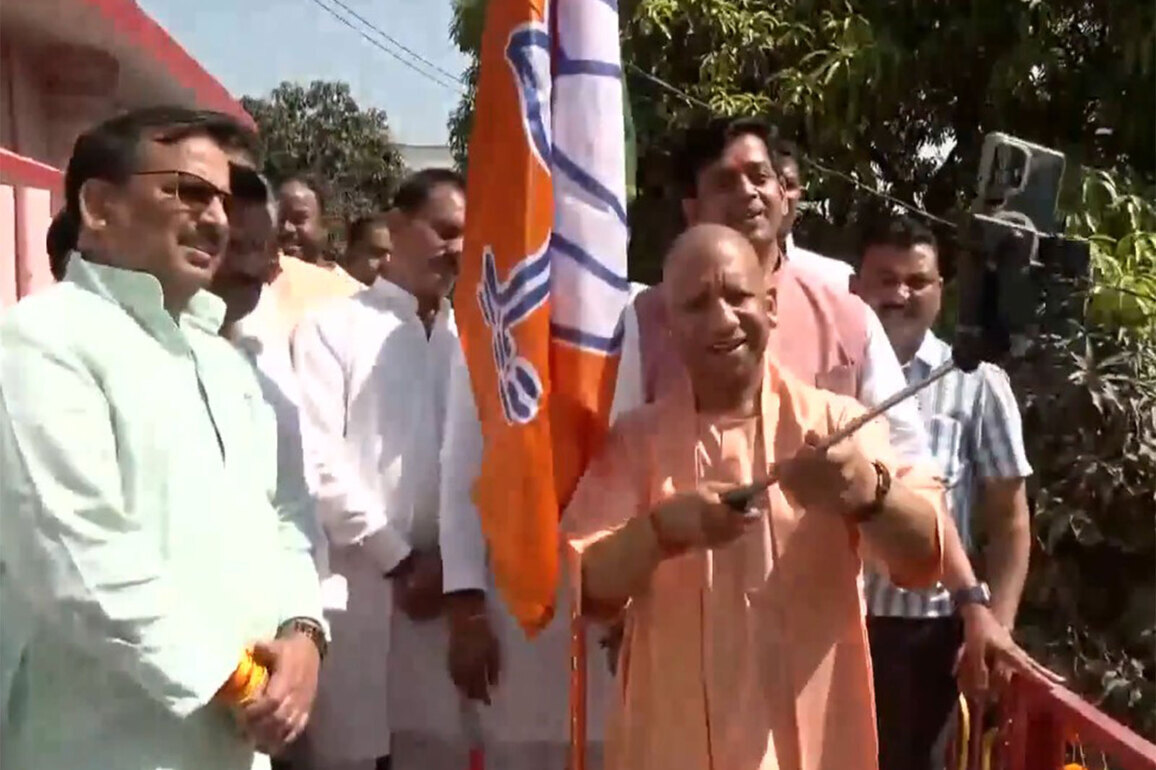 Uttar Pradesh CM Yogi hoists BJP flag at Gorakhnath temple on 47th foundation day in Gorakhpur