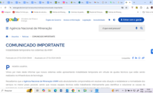 Comunicado no site da ANM alerta sobre instabilidade do sistema