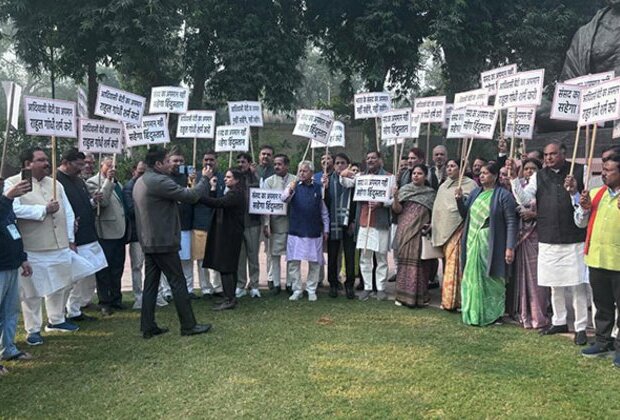 NDA MPs protest against Congress for disrespecting Dr Ambedkar