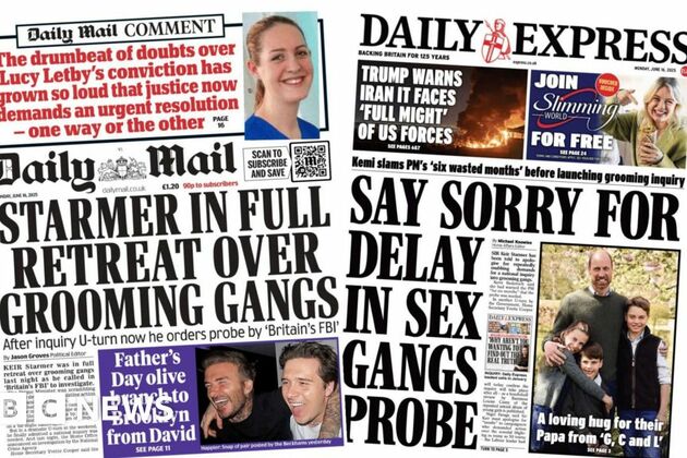 Newspaper headlines- &#39;Retreat over grooming gangs&#39; and &#39;Say sorry for delay&#39;