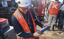  Collective Mining's VP exploraiton Carlos Rios with fresh core from Apollo in Caldas, Colombia