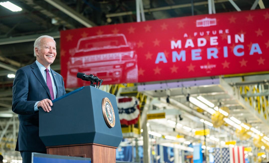 US president Joe Biden at the General Motors electric vehicle assembly plant in Detroit in 2021.