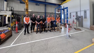 Steve Lewry and Adam Lees (Ontrak Engineering) pictured with Justin Towel and Harry Singh (Bonfiglioli), as well as members of HMA Group during the FAT at Bonfiglioli’s factory in Sydney