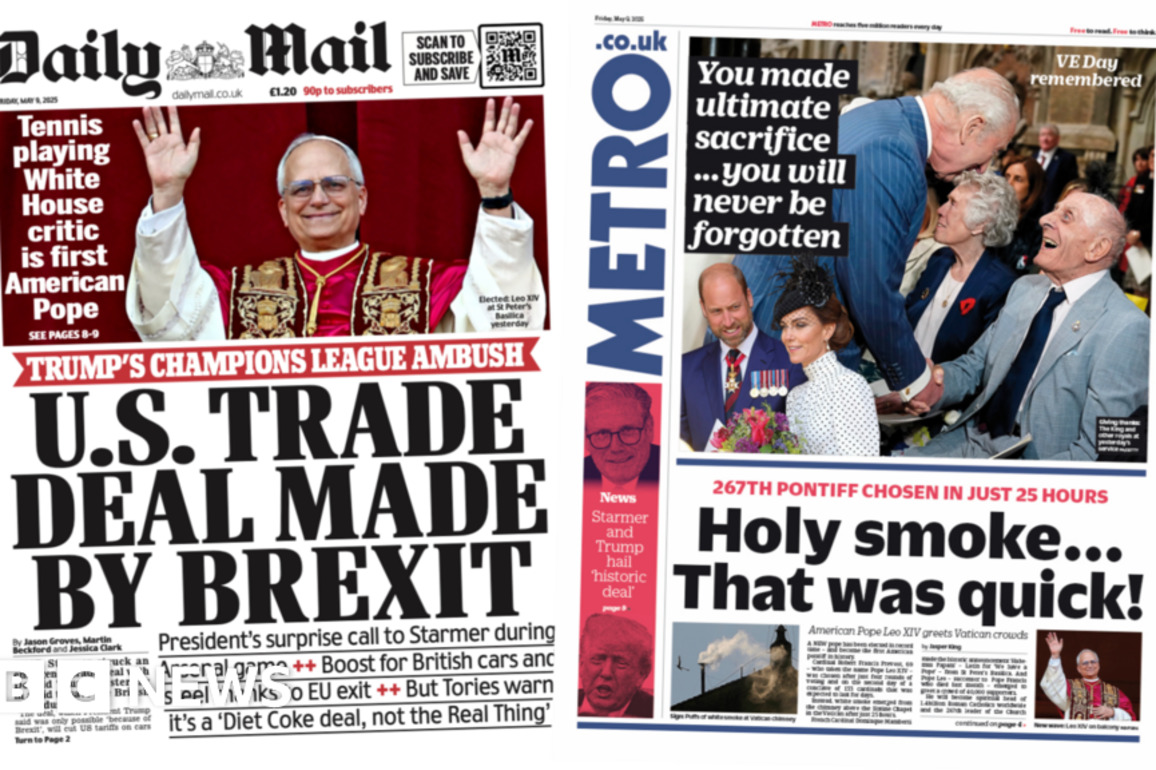 Newspaper headlines- US deal 'made by Brexit' and 'Holy smoke'