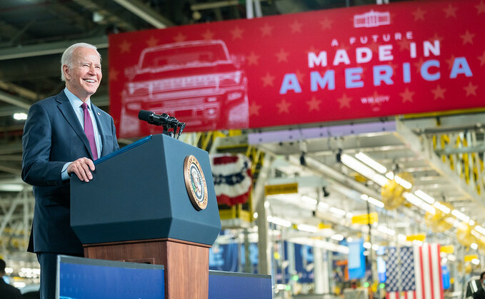 President Joe Biden at the GM EV factory in Detroit in 2021 | Credit: White House / Adam Schultz