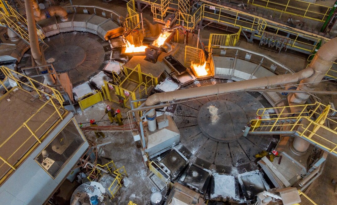 A view over the casting wheels during the first batch of anodes produced by the Kamoa-Kakula Copper Smelter 