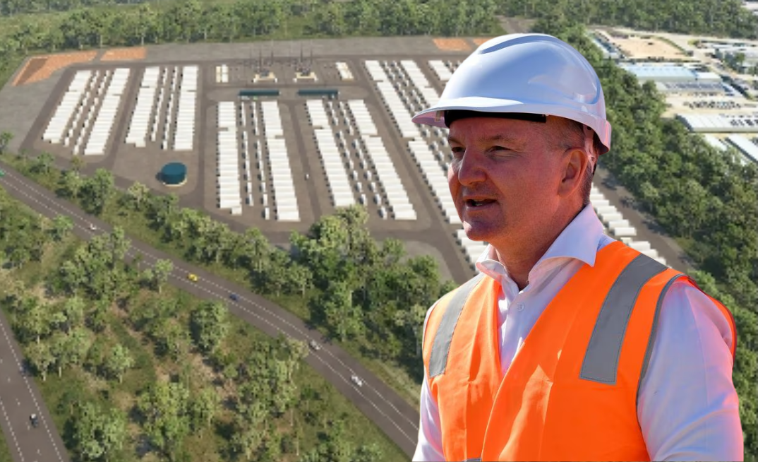 Energy minister Chris Bowen talks up the renewables build-out as construction begins on the giant Tomago Battery.