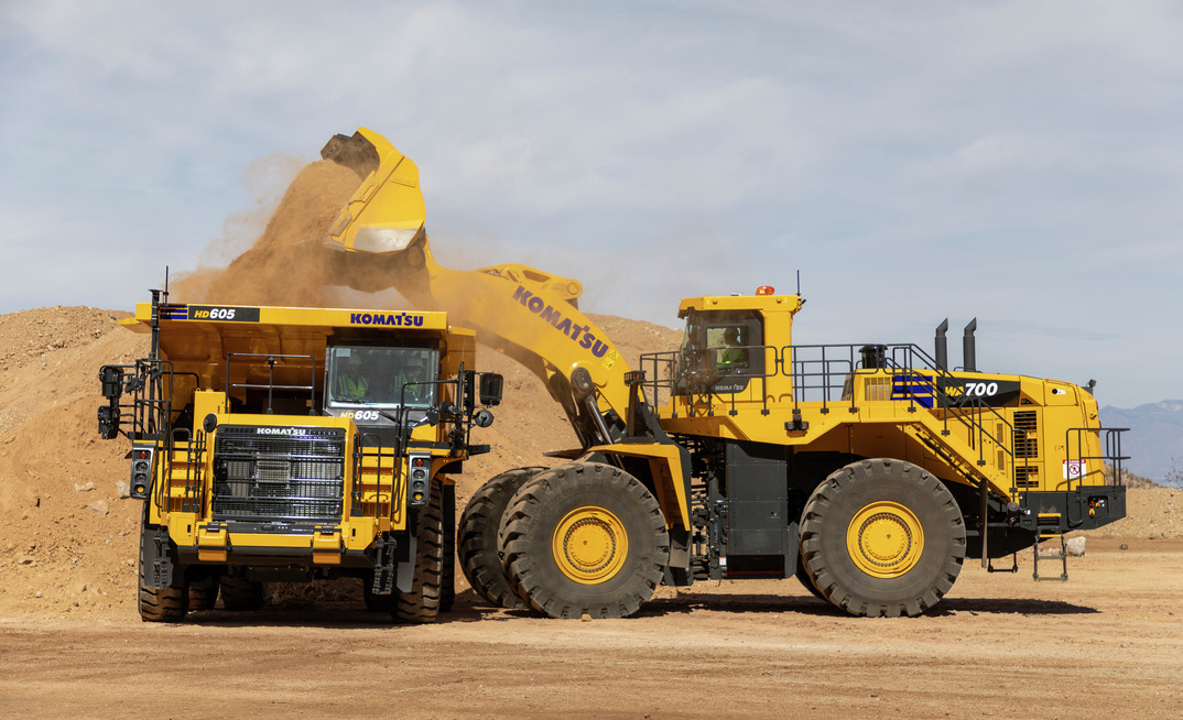 A WA700 wheel loader and an HD605-10 haul truck at Komatsu's Arizona Proving Grounds in Sahuarita, Arizona