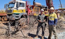  Nick Chapman and Chris Manners with semi-massive sulphide RC chips from a step-out drill hole at Dreadnought's Bookathanna North