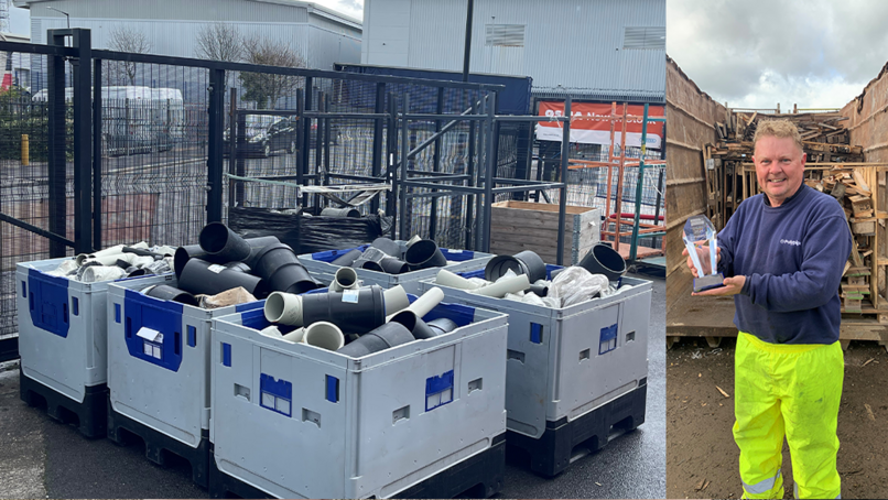 The recycling crates at Wolseley and Polypipe Building Services Recycling Operative Paul Knight with the award from Wolseley 