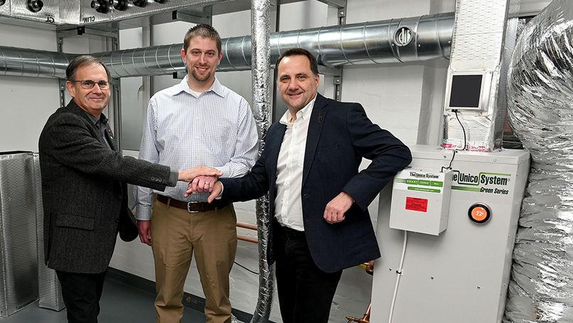 LtoR Richard Soper CBE, Brian Intagliata Unico Systems, Calvin Pope commercial director at Bell Plumbing Supplies