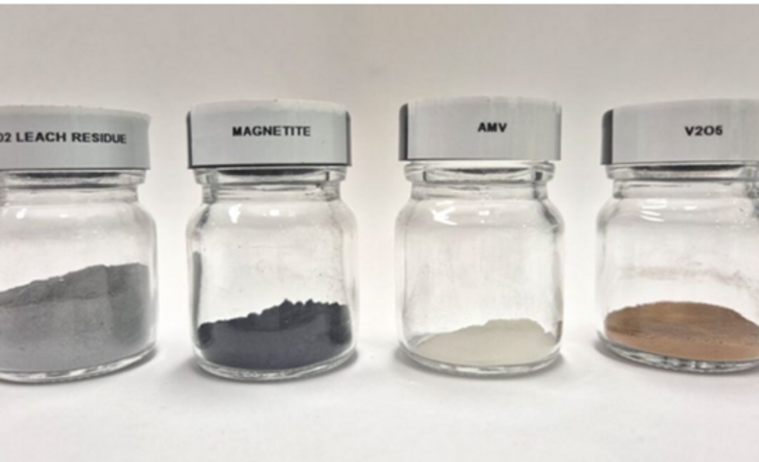 Samples – titanium dioxide (leach trials), magnetite (iron recovery trials), AMV (ammonium metavanadate is a pre-cursor to the V2O5 (preparation) and vanadium pentoxide. Credit: CSIRO