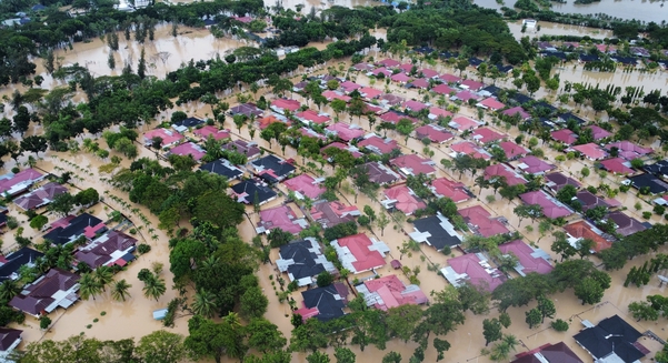 Aceh Utara, Indonesia - 26 November 2025 : aerial view of the flooded PT Pupuk Iskandar Muda complex
