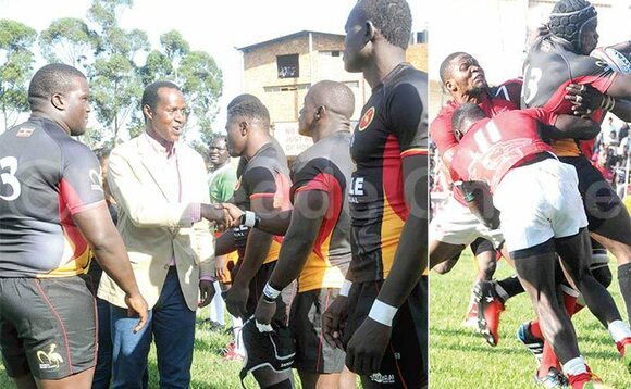 Omulangira David Wasajja (wakati) ng’alambula abazannyi ba Rugby Cranes. Ku ddyo, abazannyi ba Kenya nga balemesa Michael Wokorach owa Rugby Cranes okudduka n’omupiira. Omulangira David Wasajja (wakati) ng’alambula abazannyi ba Rugby Cranes. Ku ddyo, abazannyi ba Kenya nga balemesa Michael Wokorach owa Rugby Cranes okudduka n’omupiira.