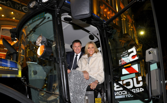 Scottish rugby legend Kenny Logan takes wife Gabby Logan in a Doddie Weir inspired tartan JCB tractor through Edinburgh  