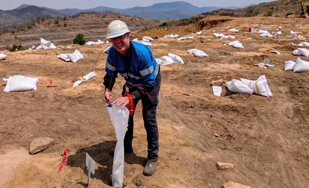 Lotus mining danager Philippus (Flippie) Schoeman prepares for the first blast.