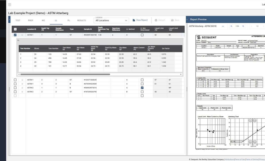 Geotechnical labs can generate Atterberg limits test certificates from raw lab test data in OpenGround