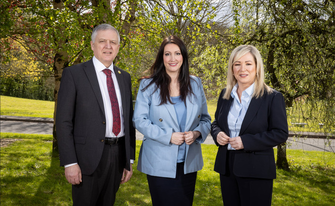Newly elected UFU president William Irvine with deputy First Minister Emma Little-Pengelly (centre) and First Minister Michelle O’Neill 