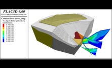  Model of an open pit mine showing geology, including major faults. The right part of the model has been cut away to provide details of the shear stresses along the faults intersecting the pit.