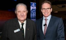 Sir Arvi Parbo (left) and Andrew Mackenzie at a Melbourne Mining Club function.