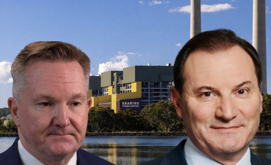 Origin extends Eraring Power Station operations to 2029. Pictured (L) Energy minister Chris Bowen and (R) Origin Energy CEO Frank Calabria.