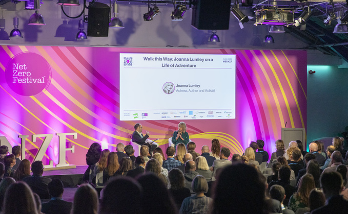 Joanna Lumley being interviewed on stage at the close of the Net Zero Festival 2023