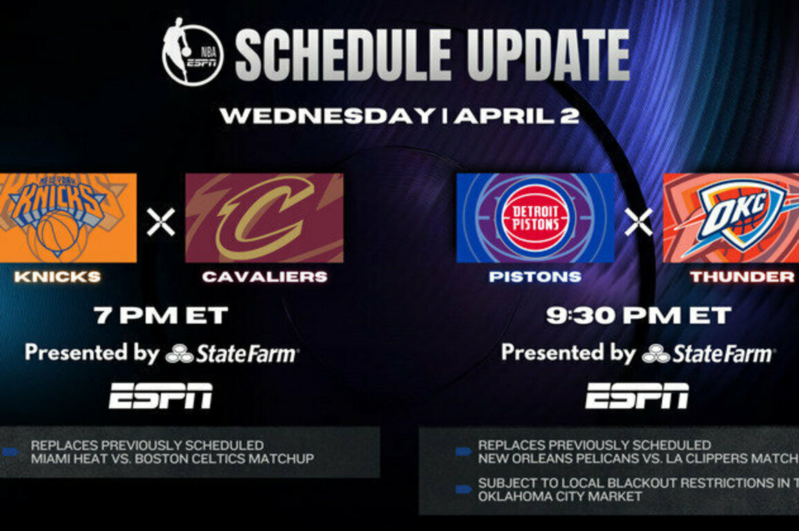 ESPN NBA Schedule Update: New York Knicks vs. Cleveland Cavaliers and Detroit Pistons vs. Oklahoma City Thunder Doubleheader Added on April 2