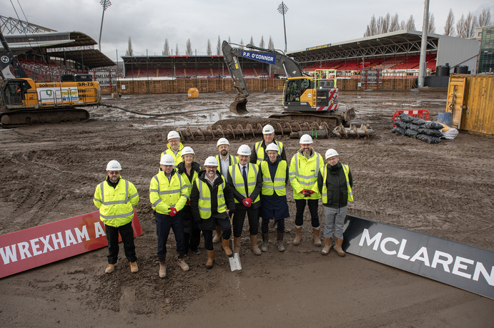 The ground breaking ceremony at the redevelopment site of Wrexham AFC’s Kop Stand at the STōK Cae Ras