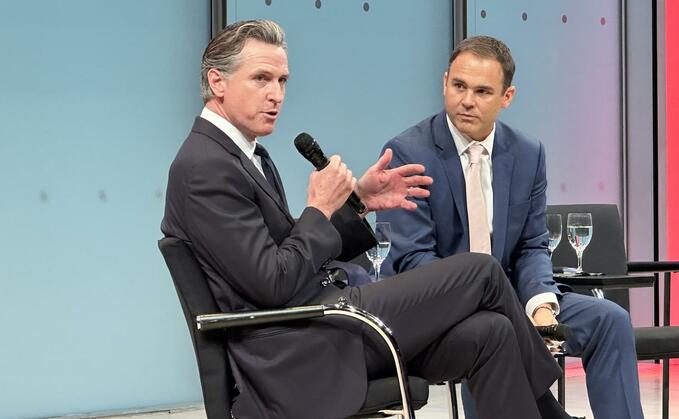 California Gov. Gavin Newsom addresses a question from David Gelles of The New York Times during Climate Week NYC / Credit: Heather Clancy/GreenBiz