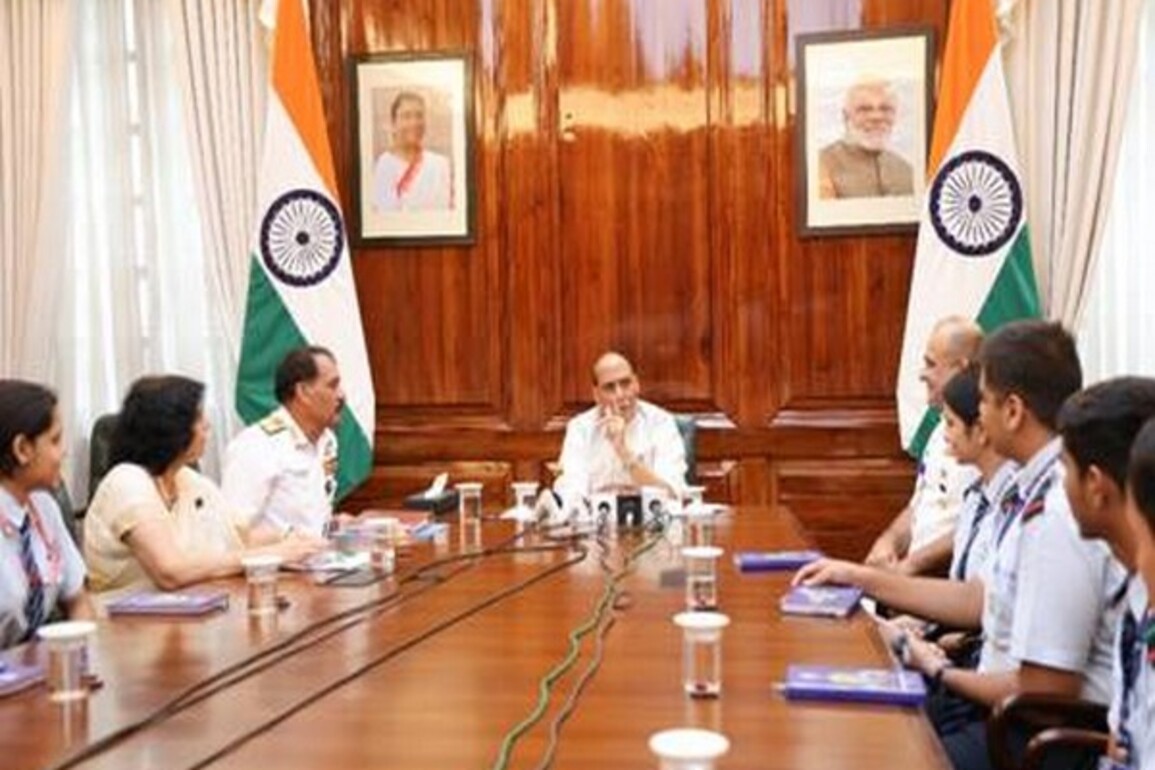 Rajnath Singh interacts with students of Navy Children School, as part of its Diamond Jubilee celebrations