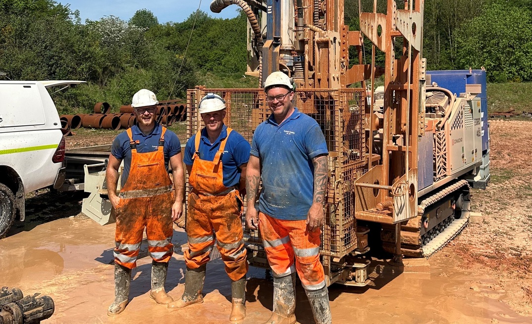 Rowan McGee, Owen Maycroft and Joe Taylor, the drill crew from Dynamic Sampling who assisted JKS Boyles with the UK field trials of the battery-electric Comacchio eGEO 405 drill rig Credit: JKS Boyles