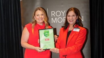 Elders GM Residential Real Estate and Brand, Belinda Connor (left), accepting the award, presented by Roy Morgan CEO, Michele Levine, for Australia's most trust agribusiness brand. 