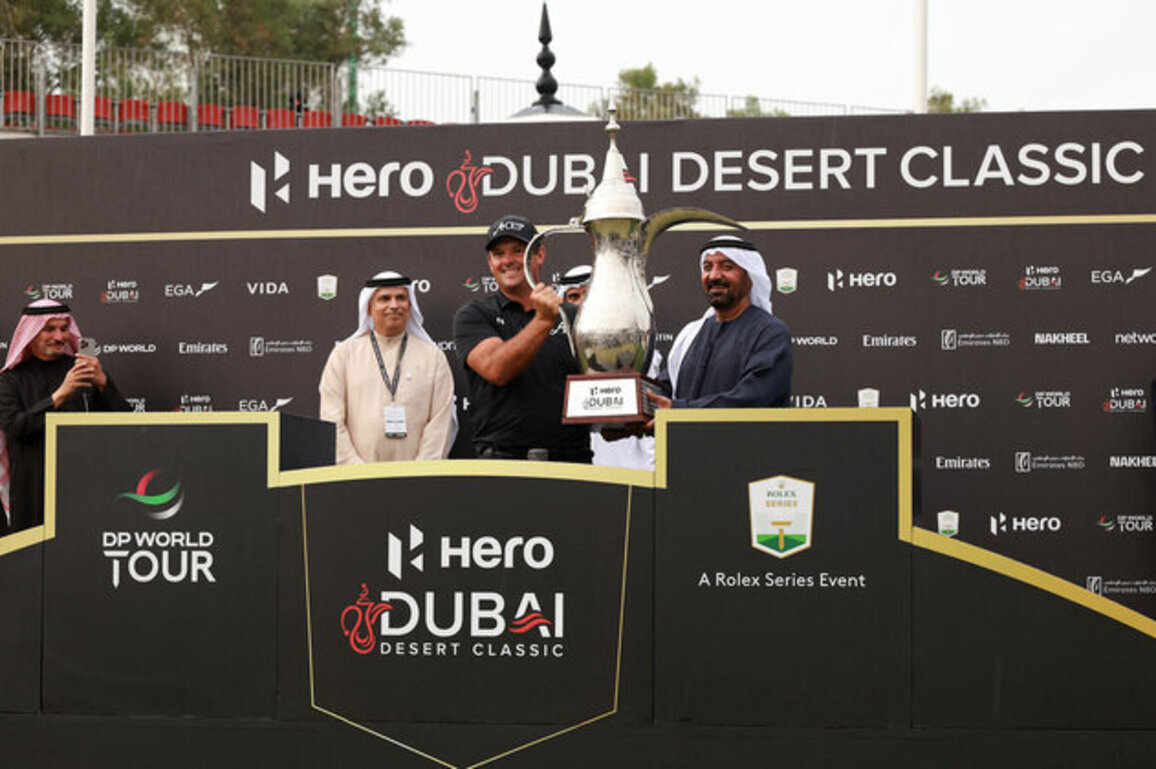 Ahmed bin Saeed presents Patrick Reed Hero Dubai Desert Classic trophy after thrilling victory