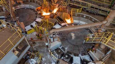 A view over the casting wheels during the first batch of anodes produced by the Kamoa-Kakula Copper Smelter 