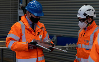 The Transport Secretary inspects wiring gantries being built for the Midland Mainline on a visit to the Leicester hub of Network Rail contractors SPL on Tuesday | Credit: DfT
