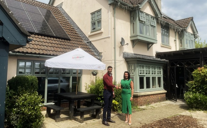 Two Blues Solar and Nuvolt directors at the Llangewydd Arms in Wales – one of 120 Marston's sites to recieve fully-funded solar installations - Credit: Two Blues Solar Two Blues Solar and Nuvolt directors at the Llangewydd Arms in Wales – one of 120 Marston's sites to recieve fully-funded solar installations - Credit: Two Blues Solar