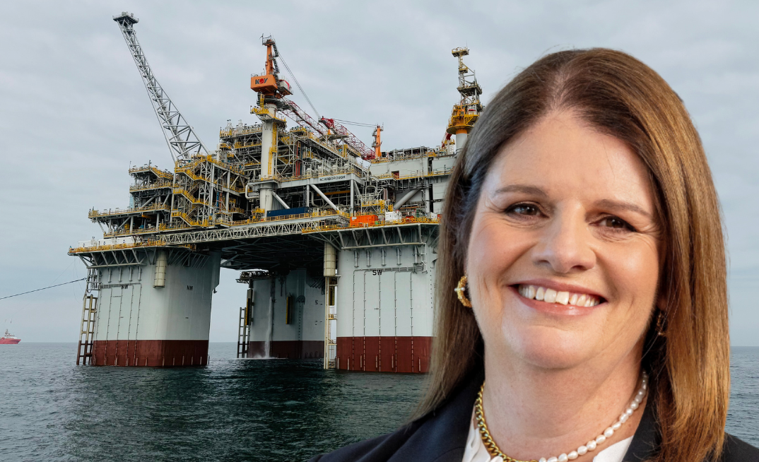 Scarborough FPU arrives on site. Pictured: Woodside acting CEO Liz Westcott