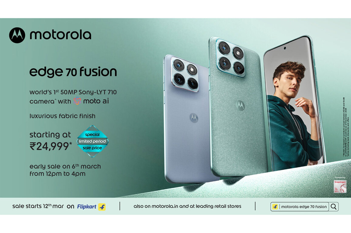 motorola edge 70 fusion launched; early bird sale today 12PM - world's first 50MP Sony LYTIA 710, fabric finish, 7000mAh battery. Starting Rs. 24,999*