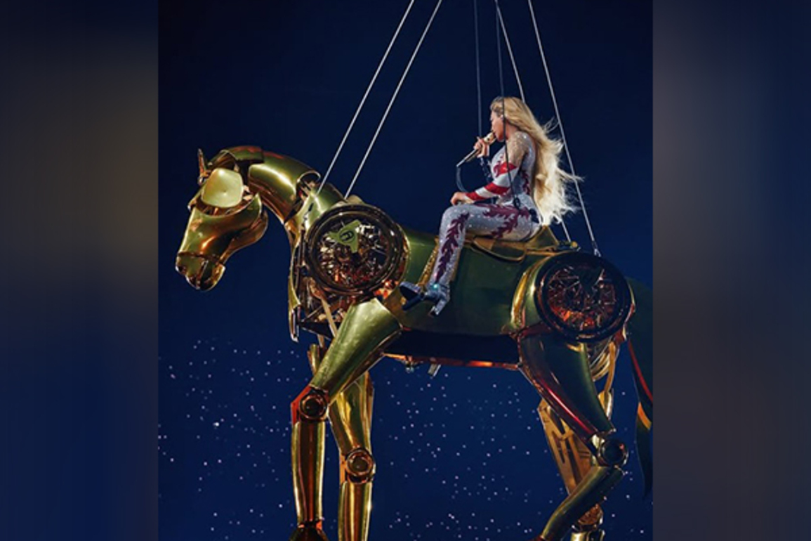 Beyonce rides mechanical gold horse during her Cowboy Carter tour in Atlanta