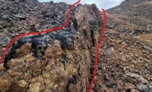 Vein (~1m thick) containing massive stibnite in outcrop at Styx, Alaska