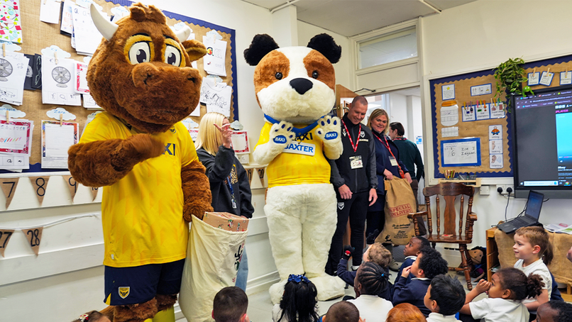 Oxford United mascots on a school visit.