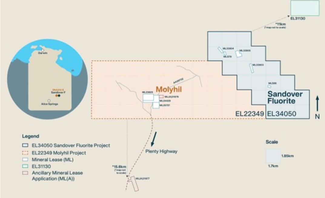Map showing Molyhil project acquisition tenements and adjacent Sandover fluorite project.