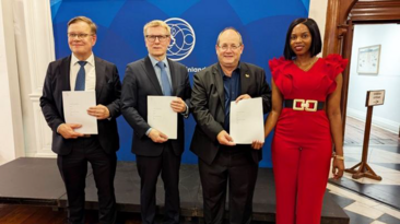 EcoGraf MD Andrew Spinks and country director Christer Mhingo formalise the MOU at Mining Indaba with Betolar’s Jyri Talja and GTK boss Kimmo Tiilikainen