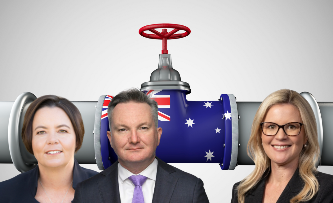 Energy Minister Chris Bowen and Resources Minister Madeleine King have launched a sweeping review of Australia’s gas market amid looming supply shortfalls. They’re pictured with Australian Energy Producers CEO Samantha McCulloch, who is urging cuts to red tape to spur new investment.