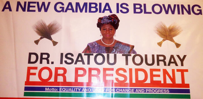  hoto shows ambias firstever female presidential candidate for countrys ecember presidential election ssatou ouray campaign banner on eptember 2 2016 in anjul