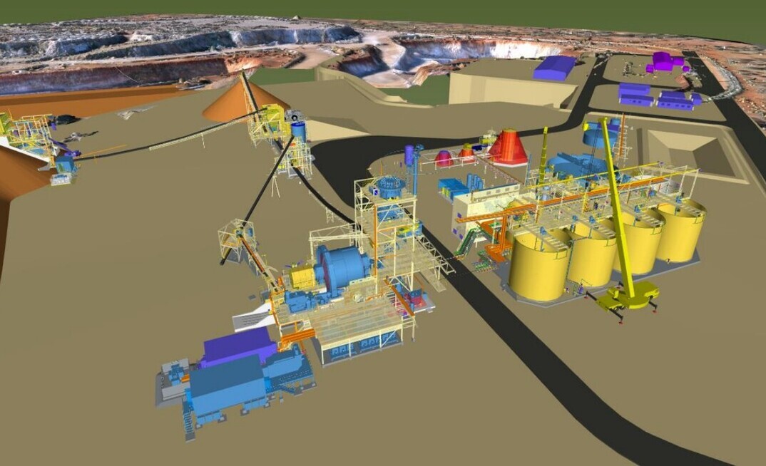 A schematic of the 1.5Mtpa processing plant design overlaid on the existing site layout.