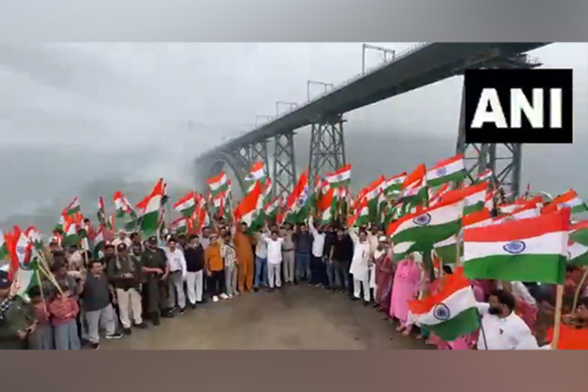 J-K: Local residents in Reasi hold Tiranga Rally near Chenab Bridge