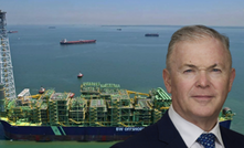 Tech glitch impacts Barossa guidance. Pictured Santos CEO Kevin Gallagher in front of the problematic BW Opal FPSO.