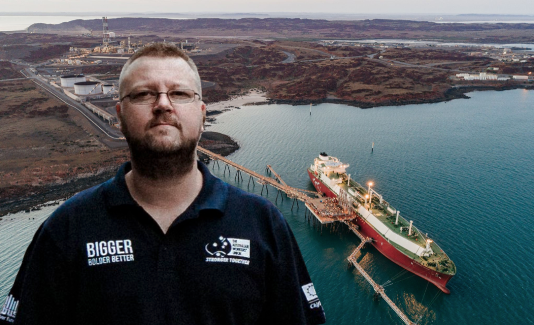 Bechtel moves to eject union amid Christmas strike threat. Pictured: AWU WA branch secretary Brad Gandy in front of Woodside Pluto LNG project.