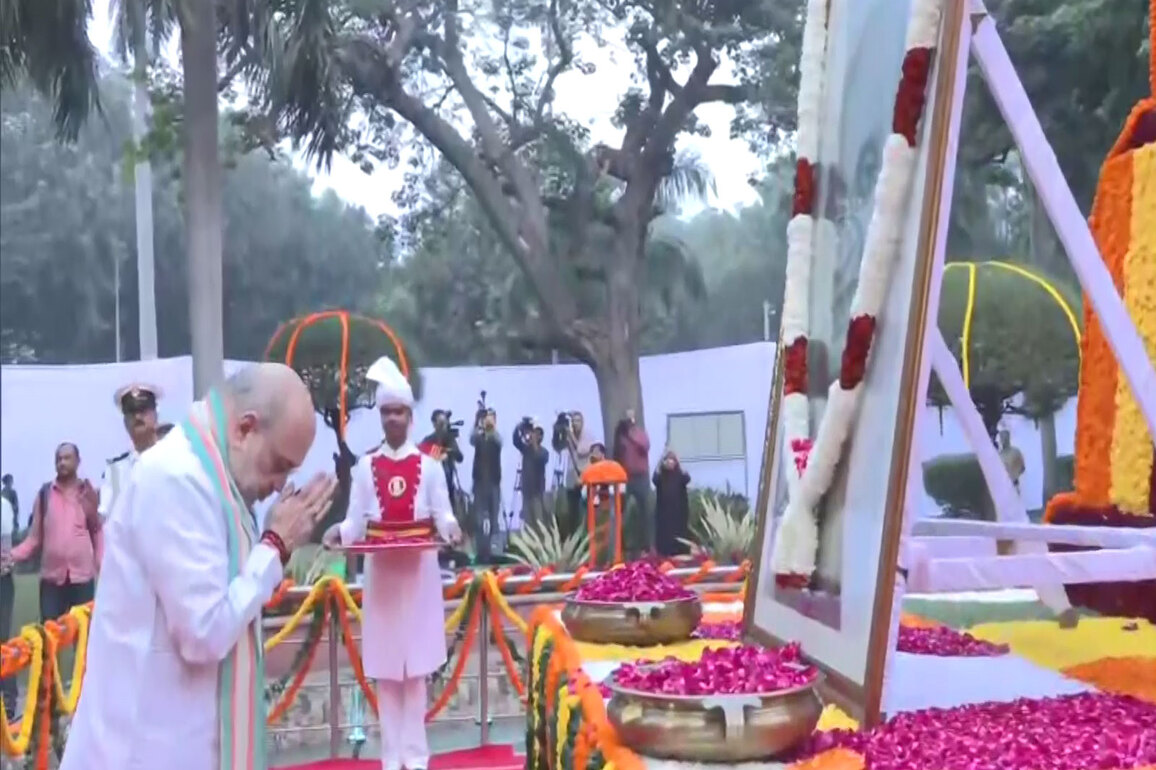 Union Home Minister Amit Shah pays floral tribute at the statue of Sardar Vallabhbhai Patel